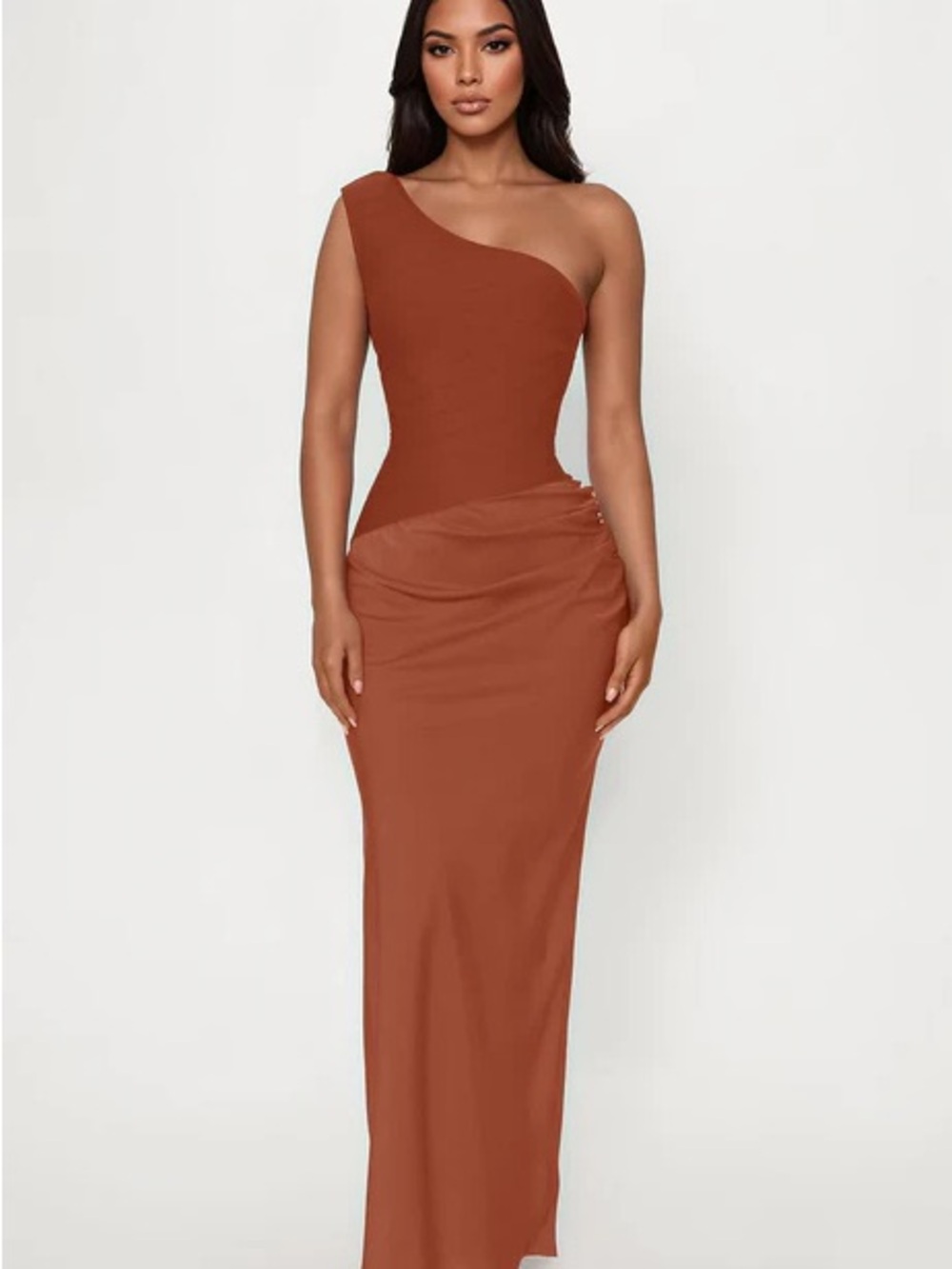 One-Shoulder Rust Evening Gown